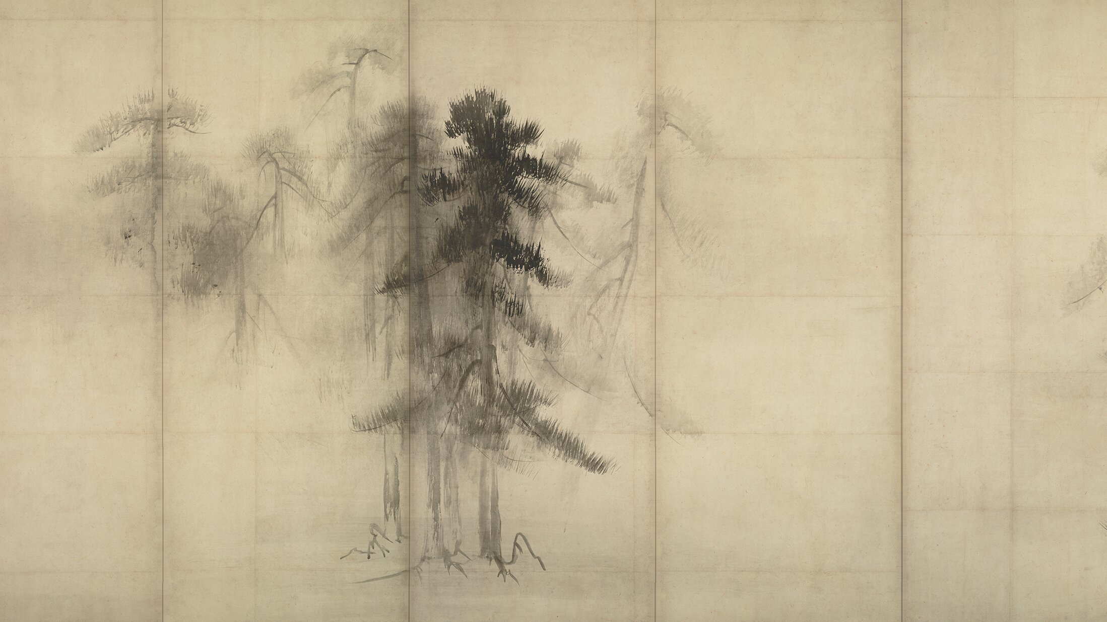 長谷川等伯「松林図屏風」(右隻)。霧の中に松が浮かぶ水墨画
